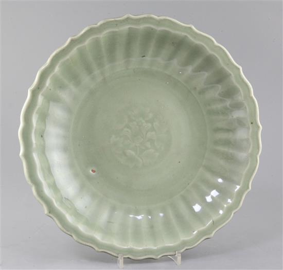 A Chinese Longquan celadon dish, Ming dynasty, c.1400, diameter 35cm